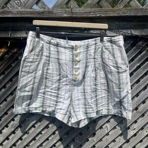 Anthropologie High Waisted Shorts Linen Cotton White‎ Green Stripes 14 Boho